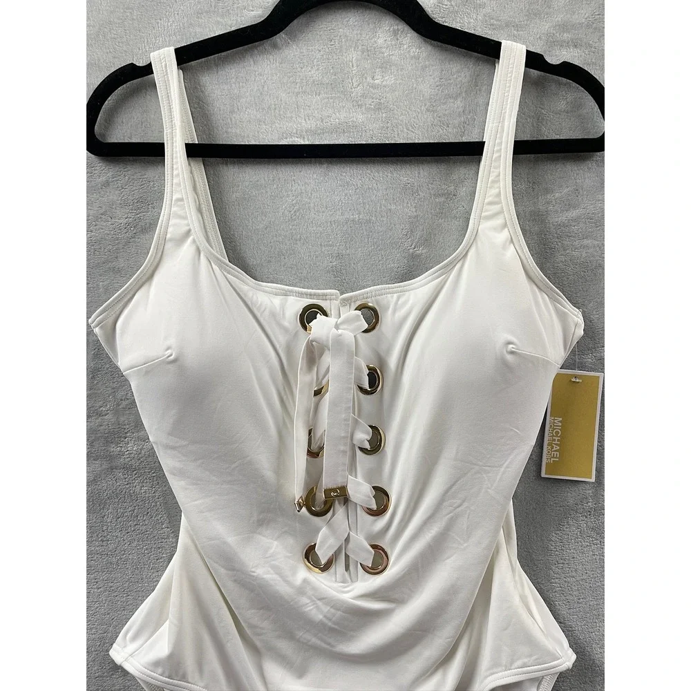 NWT Michael Kors One Piece Swimsuit Womens White New Lace Up Grommet Sz 12 $140